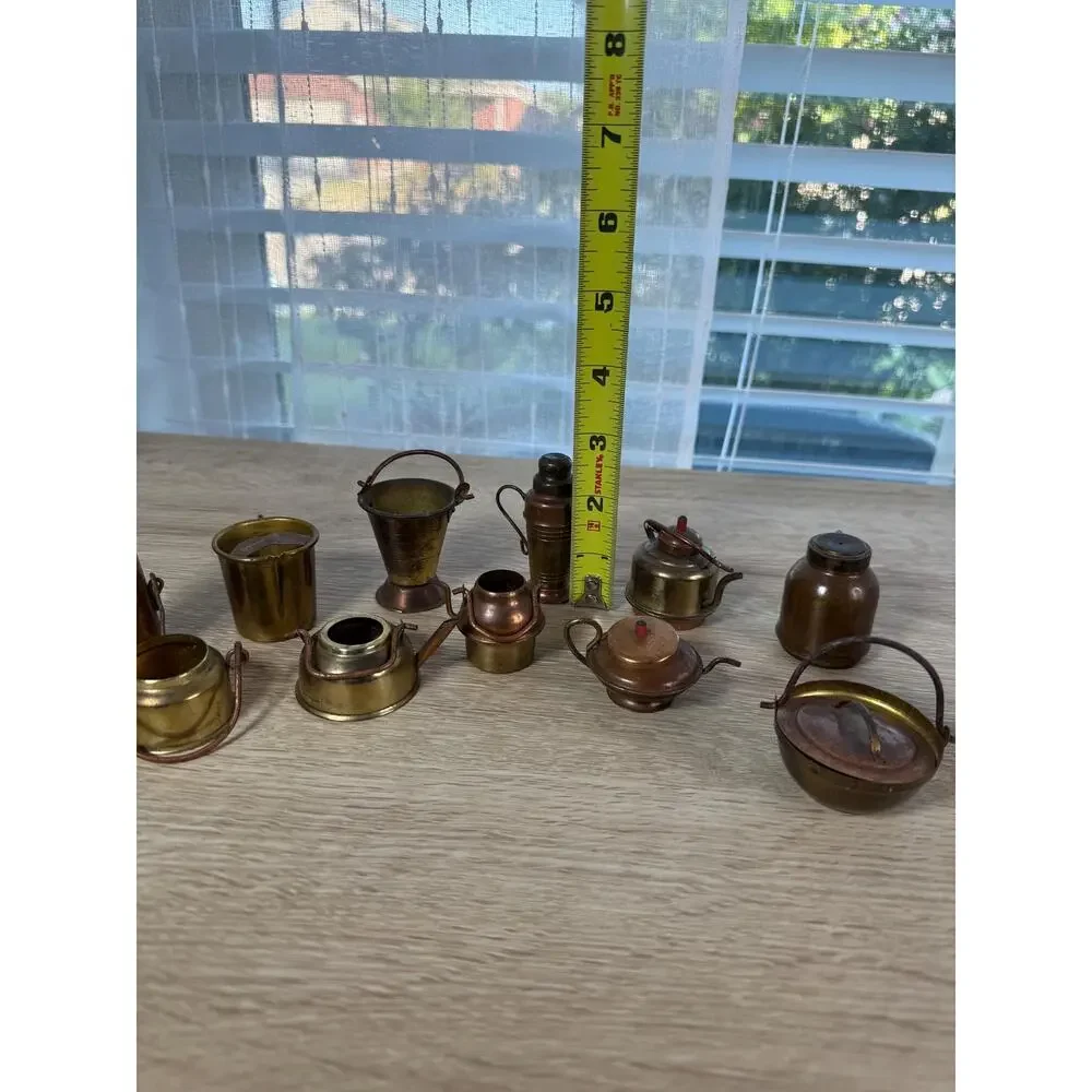 Vintage Japan Miniature Brass Copper Kitchenware Lot, 12pc Dollhouse Decor